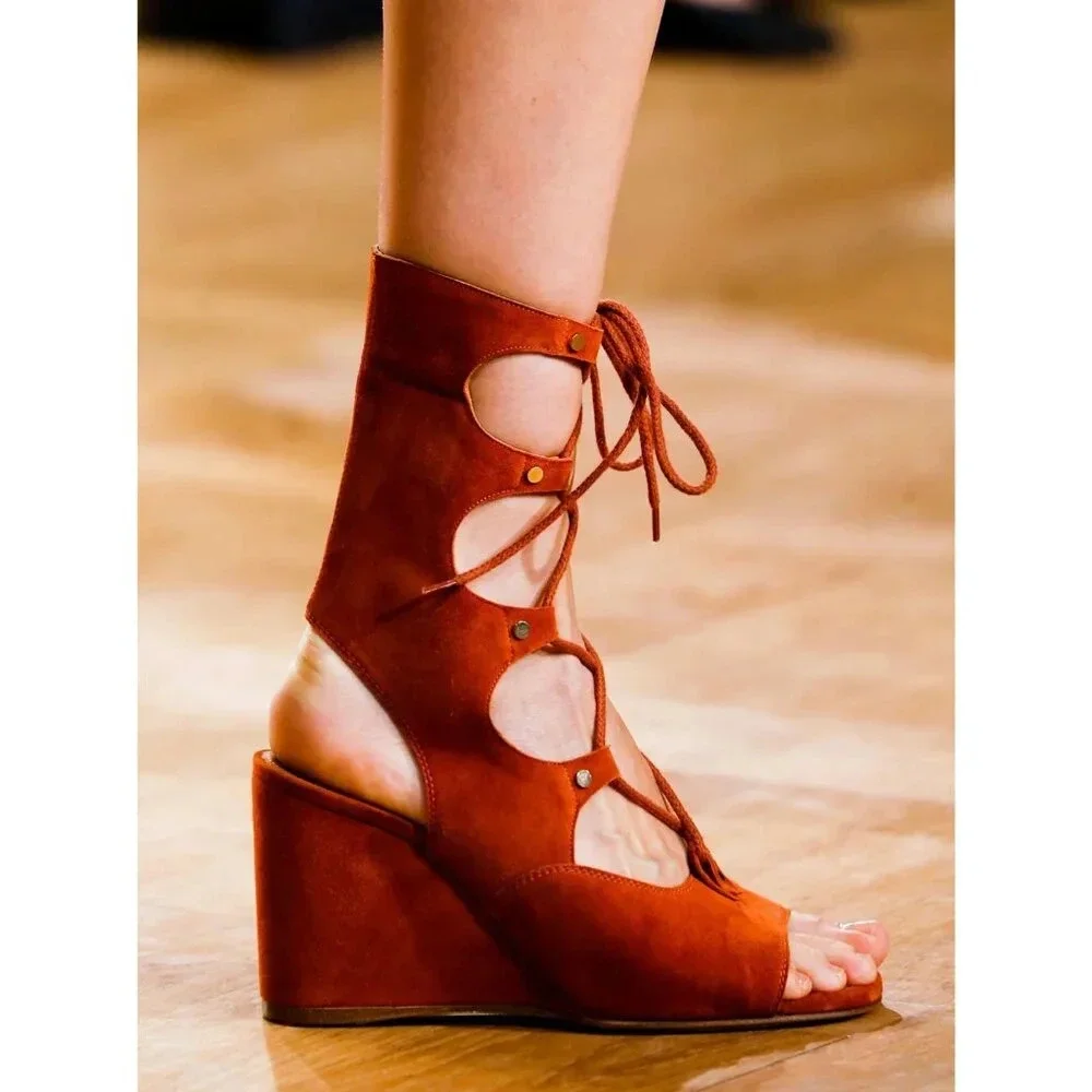 Chloe Rust Orange Suede Leather Lettonia Gladiator Wedge Sandals Size 38